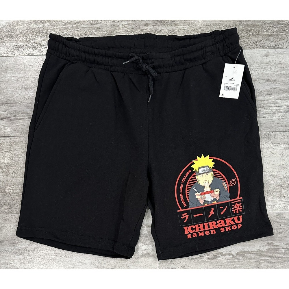 Naruto Shippuden Ichiraku Ramen Shop Fleece Sweat Shorts Mens Size M Black NEW